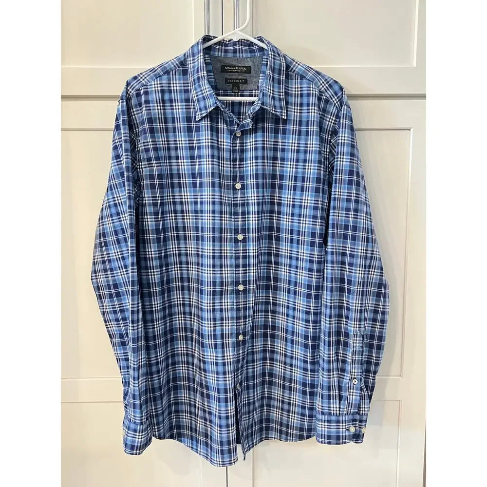 BANANA REPUBLIC Men's Button Down CAMDEN Dress Shirt XL Long Sleeve Plaid Blue